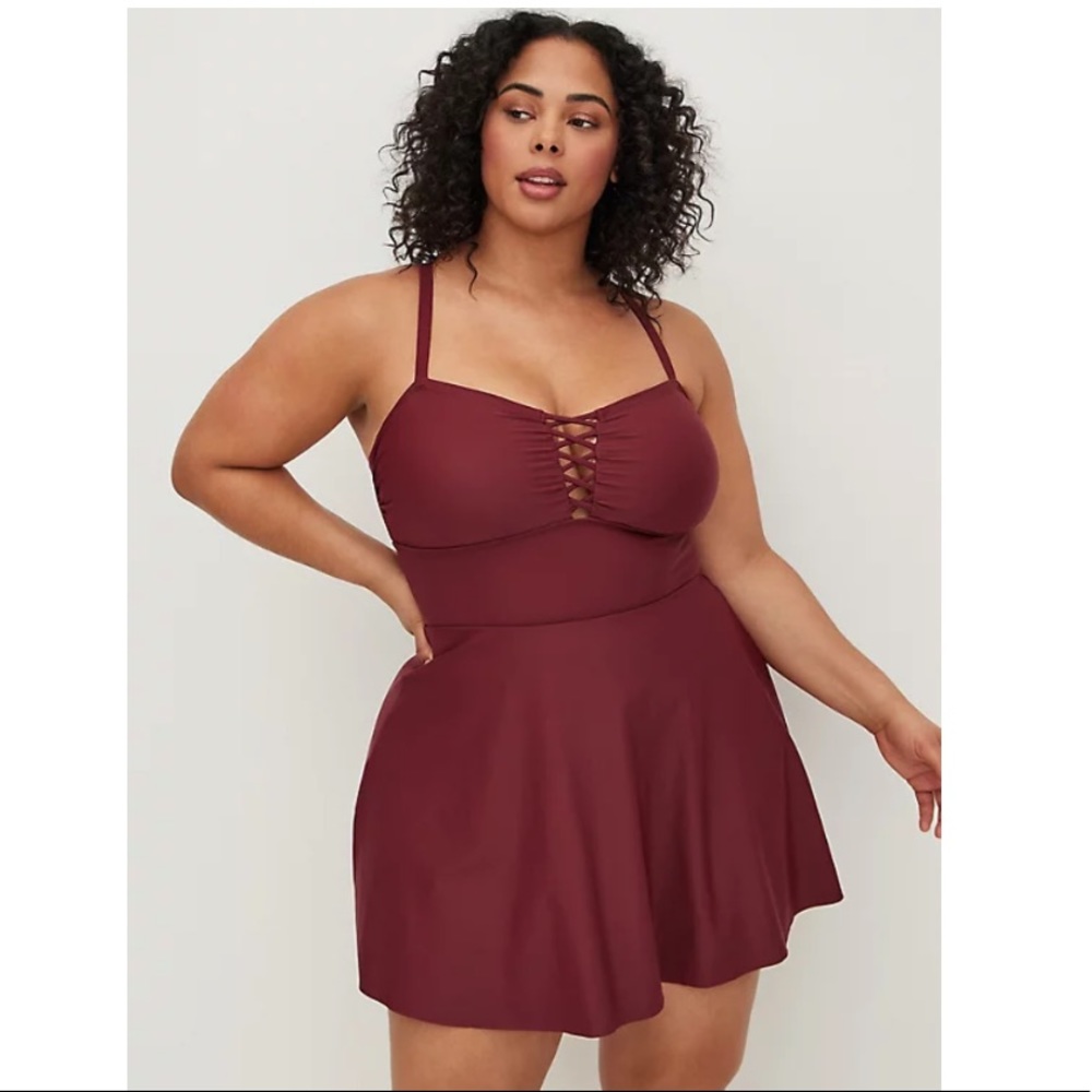 NWOT TORRID LATTICE FRONT PEPLUM LONG SWIM DRESS - BERRY